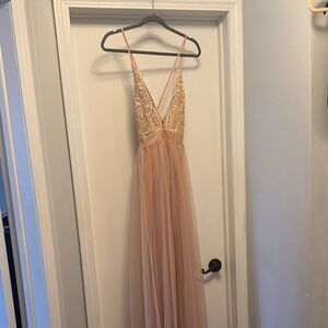 Luxxel Elegant Backless Peach Dress with Lace